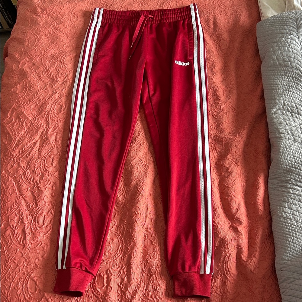 Adidas Red Joggers with White Stripes
